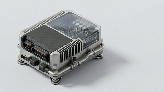 Electronic control unit with metal casing and circuit board on light background with copy space