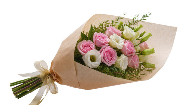 Pink and white roses bouquet wrapped in brown paper with ribbon, isolated on transparent background