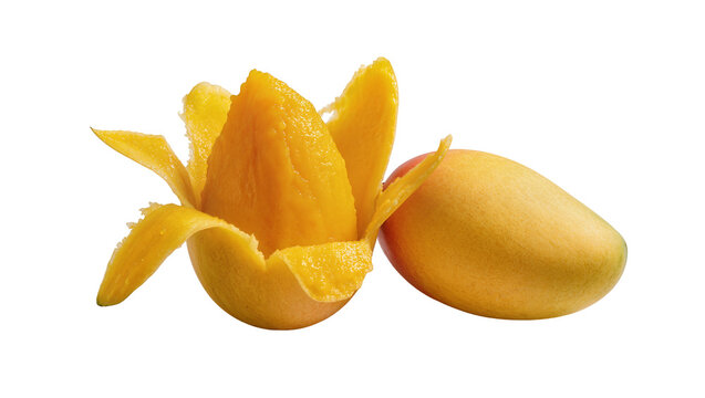 Partially peeled ripe mango with skin peeled back, isolated on transparent background