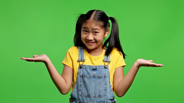 Young Asian girl with pigtails and overalls shrugs shoulders in confusion on green screen.