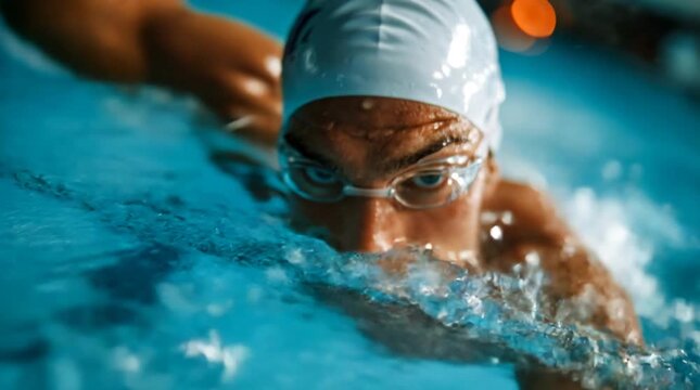 Male swimmer powers through the water in a swimming pool, showing speed, athletic focus, and competitive training action