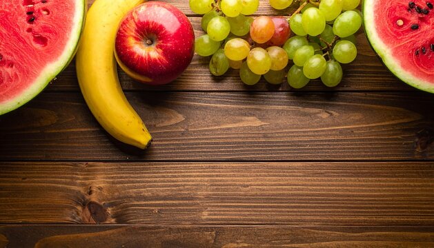 Fresh Assorted Fruits on Rustic Wooden Background with Copy Space