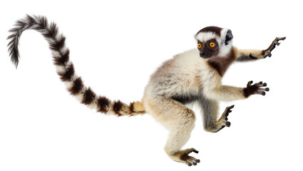 Fototapeta premium Ring-tailed lemur with fluffy fur and striped tail, isolated on transparent background