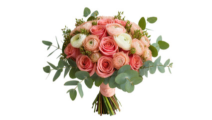 Pink roses and ranunculus bouquet with eucalyptus leaves, isolated on transparent background © Luke