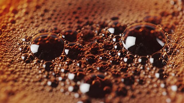 Macro shot of bubbles in dark brown coffee crema