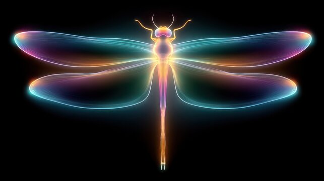 Glowing, ethereal dragonfly illustration with iridescent wings on a black background