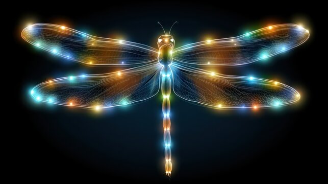 Glowing dragonfly illustration with blue, orange, and yellow lights on a black background
