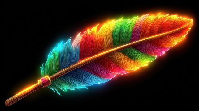 Colorful feather with rainbow hues and glowing edges against a stark black backdrop