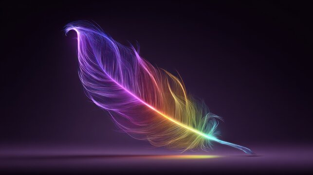 Digitally rendered feather with vibrant, rainbow-colored light streaks on a dark backdrop