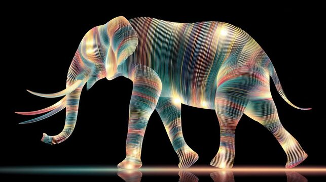 Stylized glowing elephant silhouette with flowing multicolor fiber optic effect