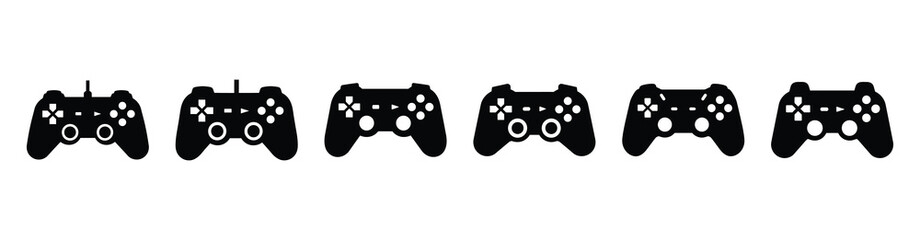 A collection of game controller silhouette business icon set, black color and white background © Shilpy