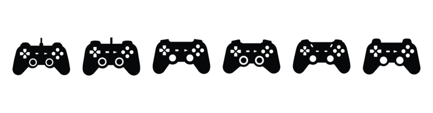A collection of game controller silhouette business icon set, black color and white background