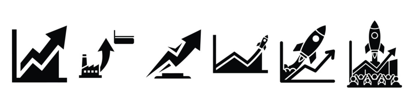 A collection of ipo launch silhouette business icon set, black color and white background
