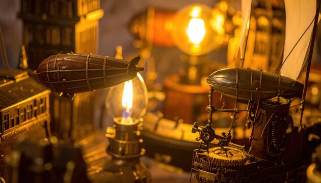 Intricate miniature models of Victorian era airships and clockwork automatons displayed in warm glowing light, creating an atmospheric scene of mechanical wonders and vintage exploration.