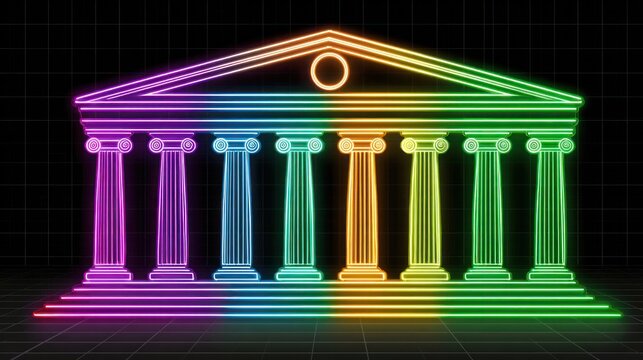 Colorful neon rendering of a Greek temple, with eight pillars on a grid background