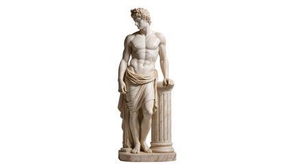 Naklejka premium Marble statue of a muscular man leaning on a column, isolated on transparent background