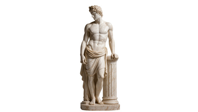 Marble statue of a muscular man leaning on a column, isolated on transparent background