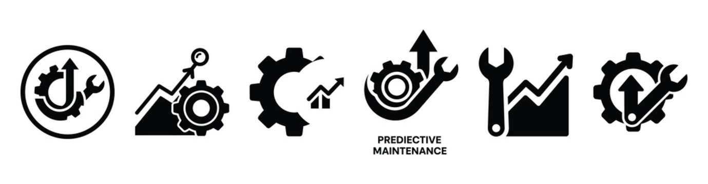 A collection of predictive maintenance silhouette business icon set, black color and white background