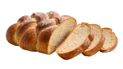 Fototapeta premium Golden brown braided challah bread loaf with dusting of sugar sliced, isolated on transparent background