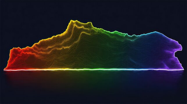 Abstract topographic land illustration with rainbow gradient, dark backdrop, glowing outline