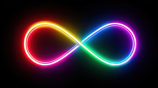 A vibrant, glowing infinity symbol with rainbow colors against a black background