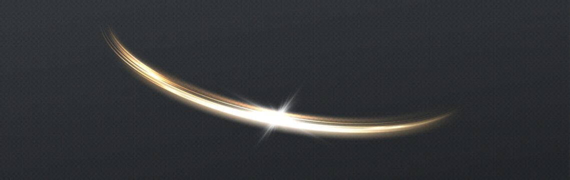Abstract golden curved light trail with glowing lens flare effect
