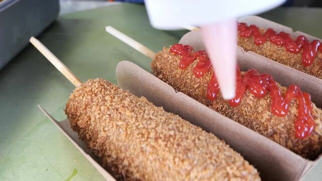 Close-up shot of a person squeezing a zigzag pattern of red ketchup onto a freshly fried, crispy Korean corn dog served in a brown paper tray. Another corn dog is visible in the foreground.