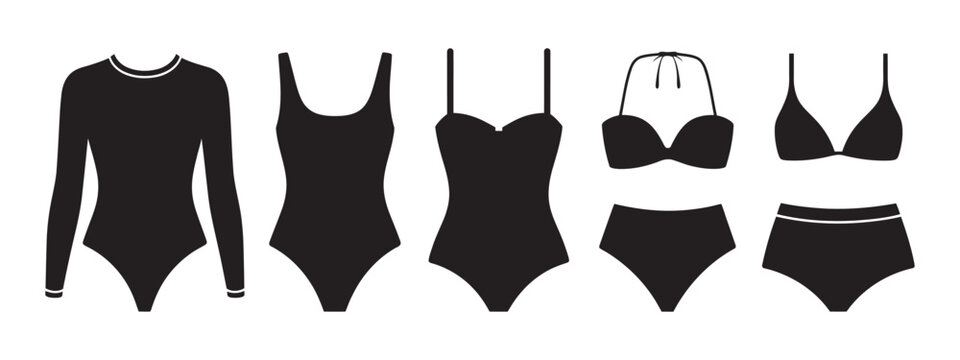 Black silhouette swimsuit icons collection, one piece and two piece swimwear vector set isolated on white background fashion infographic elements design