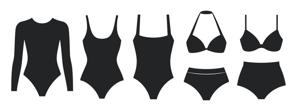 Black silhouette swimsuit icons, isolated on white background vector set of one piece and two piece swimwear style illustration collection design