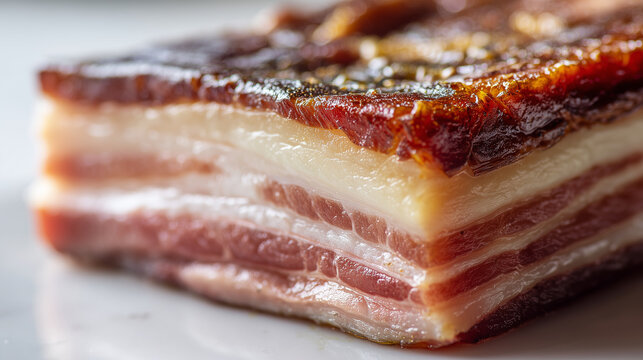 Macro shot of pork belly showing layers of meat and fat clearly