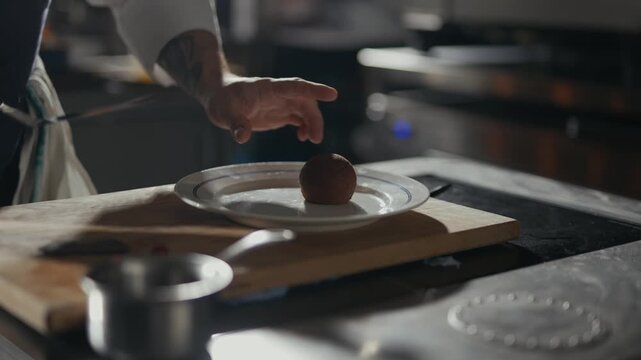Chef's hands hold a knife above a single round food item. The chef's tattooed hands prepare food with care. Kitchen tools and a plate sit nearby. Skilled culinary preparation