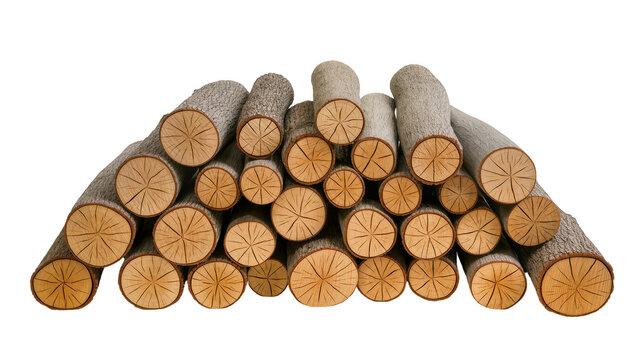 Stack of rough bark logs with visible wood grain, isolated on transparent background