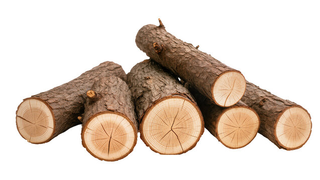 Stack of rough bark logs with visible wood grain, isolated on transparent background