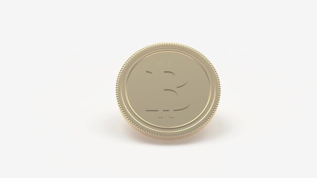 Golden bitcoin coin rotates and tilts above a white background with a soft shadow in a clean minimal 3D render