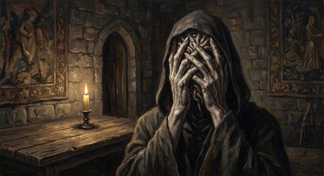 Silent creature face covered by overlapping finger layers painted in classical oil painting style representing hidden voice concealment identity erasure and surreal psychological horror portrait image