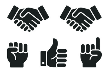 Obraz premium Professional hand gestures set, deal handshake, clenched fist, thumbs up, index finger raised icons, isolated vector illustration pack design elements