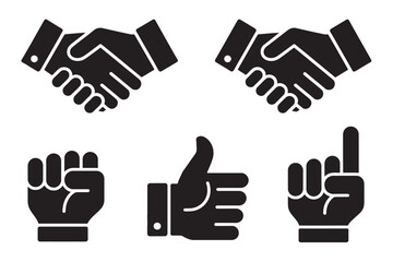 Obraz premium Professional hand gestures set, handshake agreement, clenched fist symbol, thumbs up approval, index finger pointing gesture icons, minimal vector design