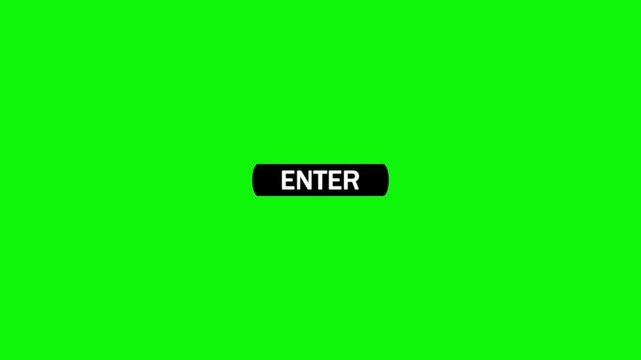 A black oval button with the white text enter and a cursor arrow hovering over it against a bright green screen background for editing and keywords: enter, button, click, cursor