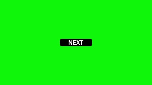 A black oval button with the white text next and a cursor arrow hovering over it set against a bright green screen background for easy keying and editing keywords: next, button, click