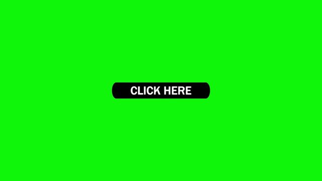 A black oval button with the white text clickhere and a cursor arrow hovering over it on a bright green screen background for digital creation keywords: click, here, button