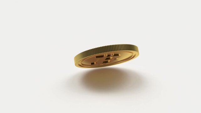 Gold bars and a gold bitcoin coin rotate and shift on a white background in a clean financial themed 3D render