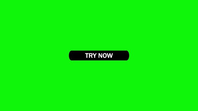 Animated green screen background displaying a black button with the text trynow and a cursor arrow hovering over it for user interaction and engagement