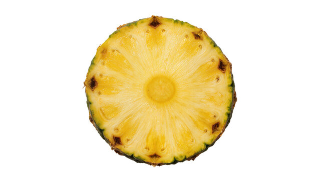Fresh pineapple slice with vibrant yellow flesh and green rind, isolated on transparent background