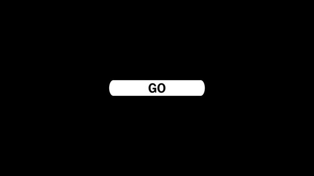 White rounded button displaying the word go in black text with a mouse cursor hovering above it on a stark black background signifying initiation or starting an action. keywords: go