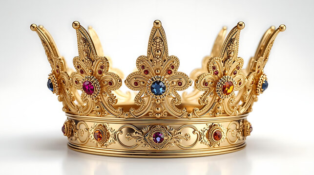 Ornate Gold Royal Crown with Ruby and Sapphire Gemstones
