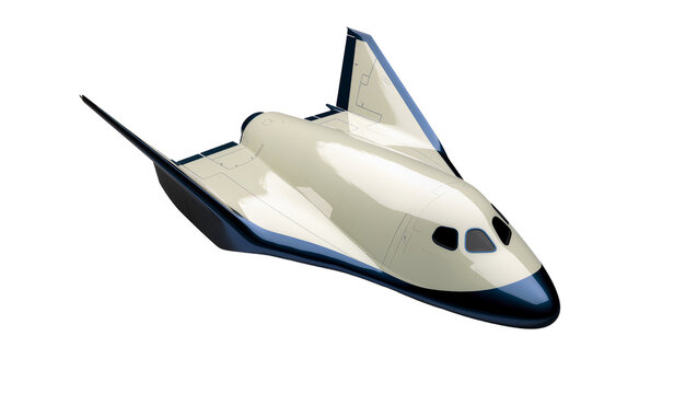 Sleek white and blue space shuttle with dark windows, isolated on transparent background