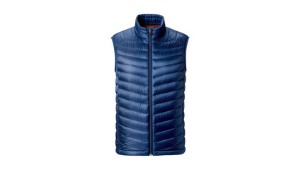 Blue quilted puffer vest with zipper and orange collar, isolated on transparent background © Luke