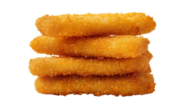 Golden crispy breaded fish sticks stacked, isolated on transparent background
