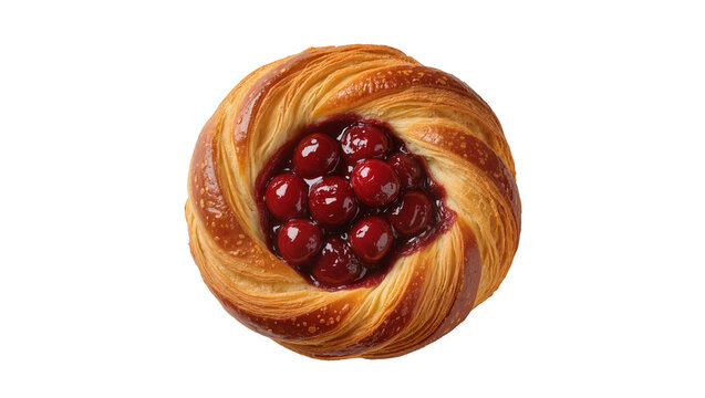 Golden flaky pastry danish with sweet cherry filling, isolated on transparent background