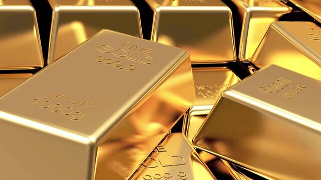 Close-up of stacked gold bars with reflective metallic surfaces as the camera slowly reveals more bullion in a luxurious 3D render